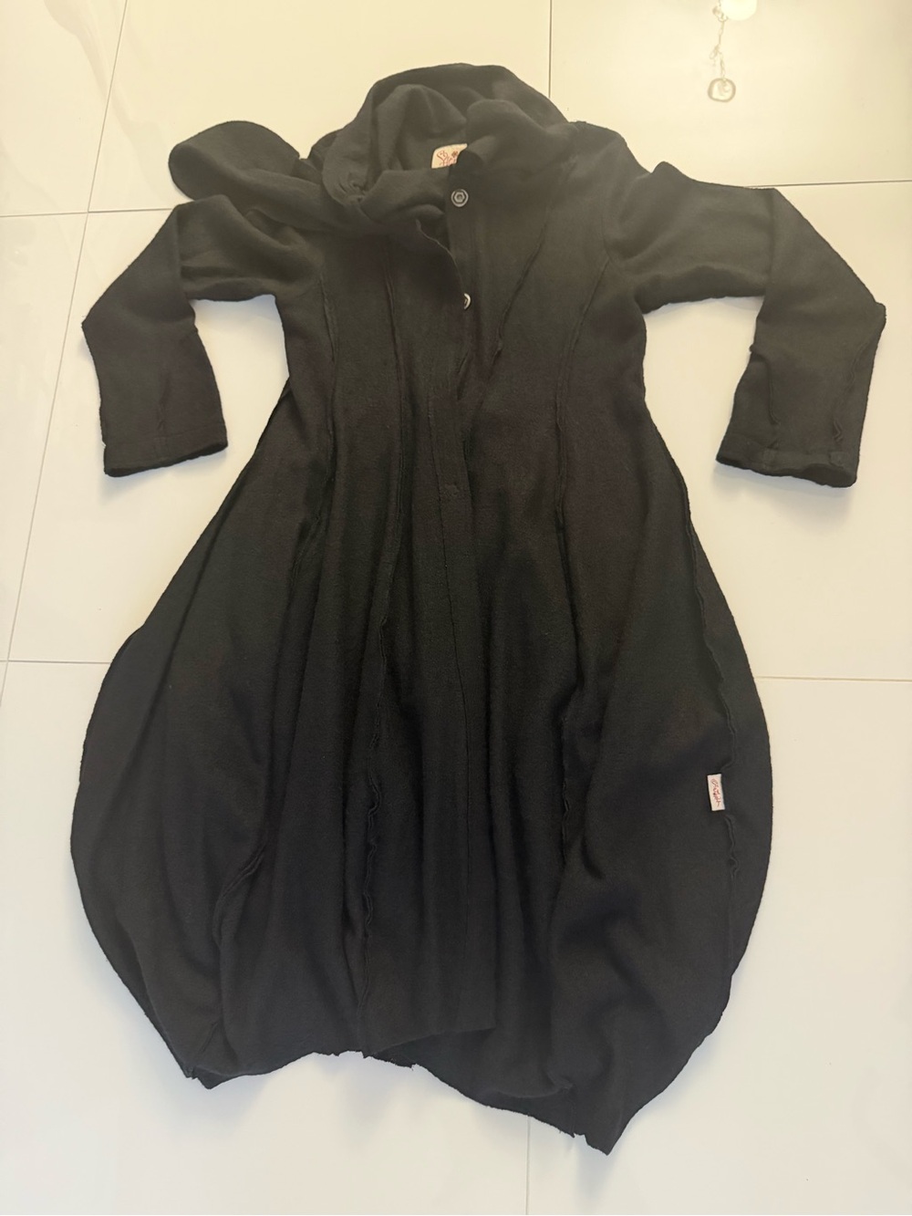 Black Long Bubble Hem Coat with Scarf Collar - Picture 5 of 9